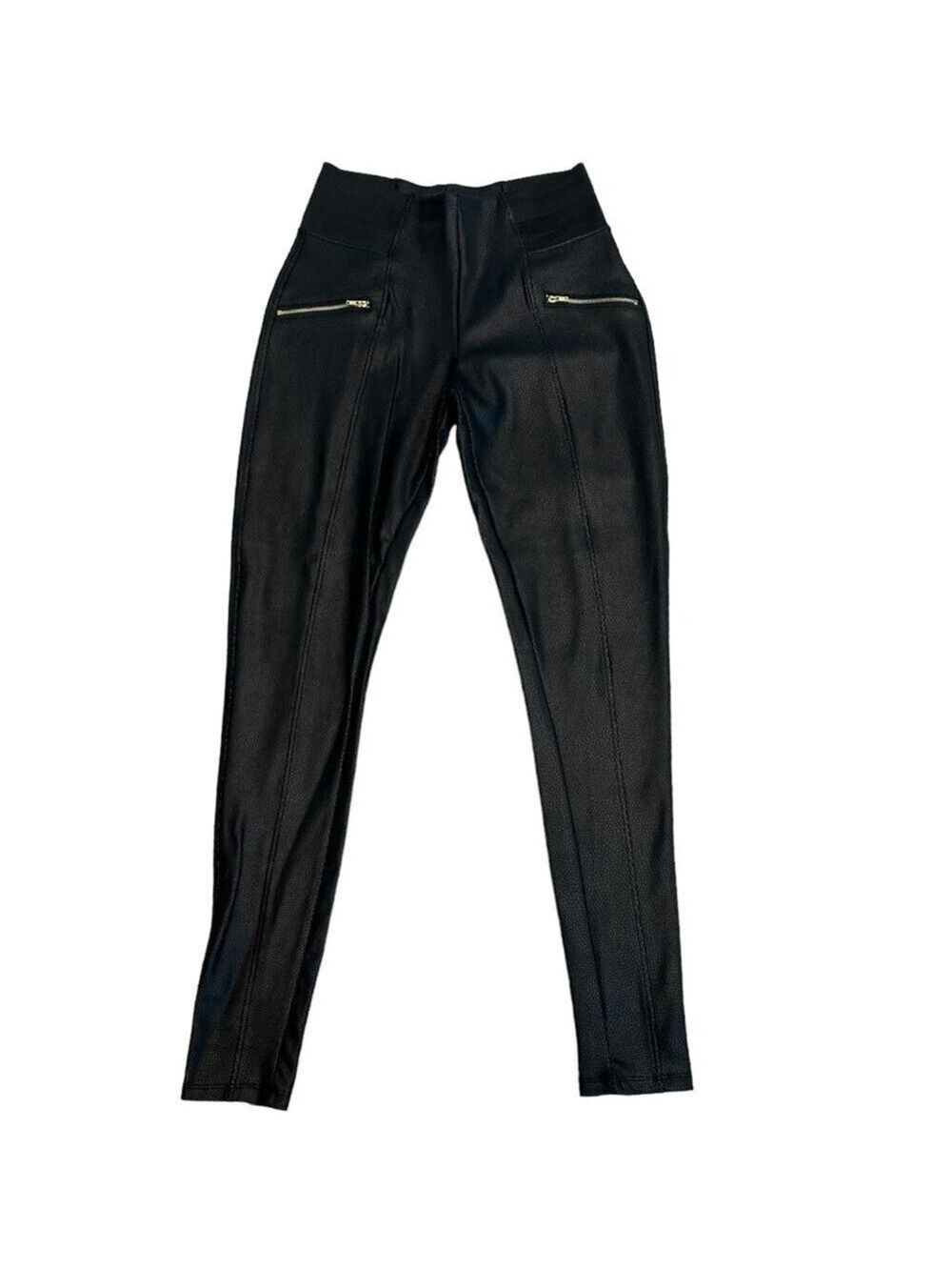 Revamped black faux leather high waisted zipper moto leggings pants